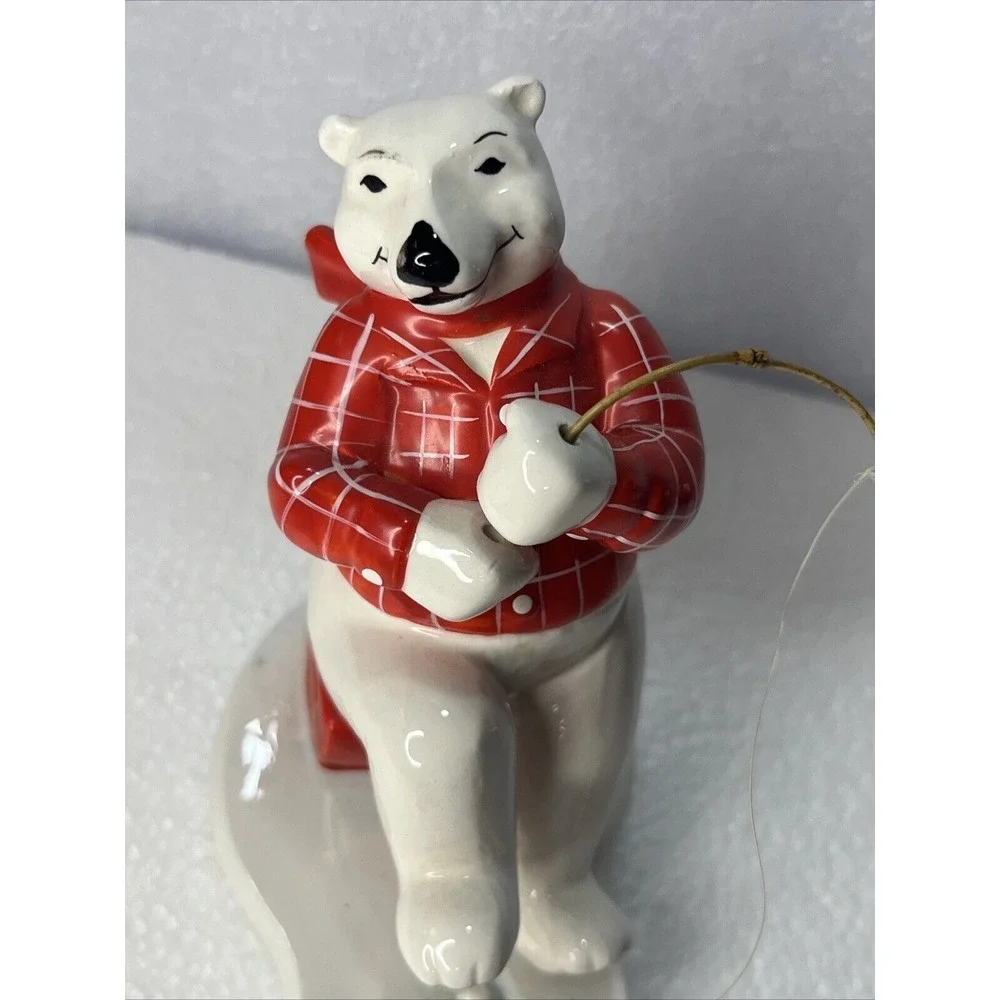 Coca‎ Cola 1995 Enesco Ceramic Polar Bear Ice Fishing & Skating Vtg Ornaments